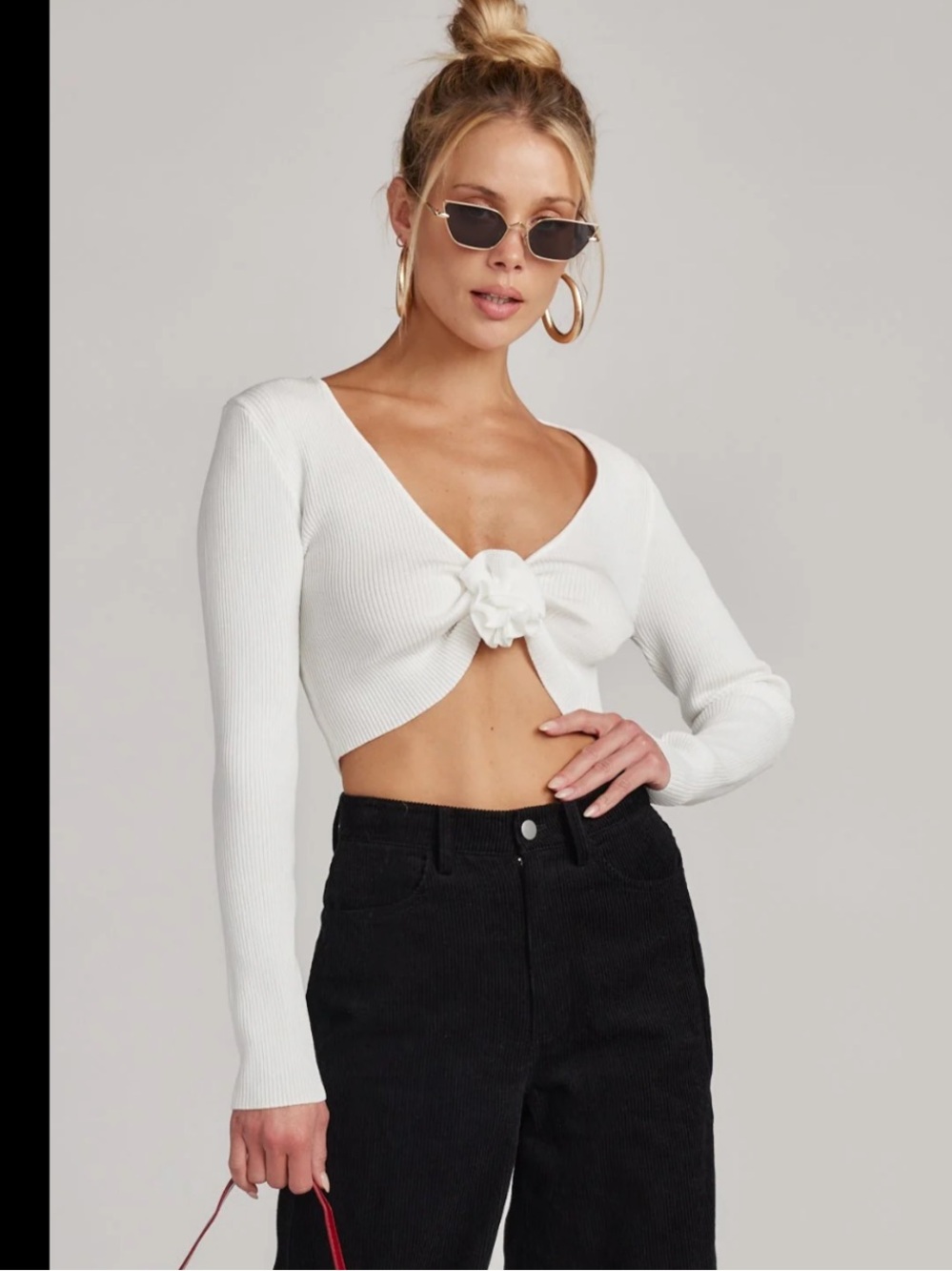 12th Tribe White Ribbed Knot-Front Long Sleeve Crop Top